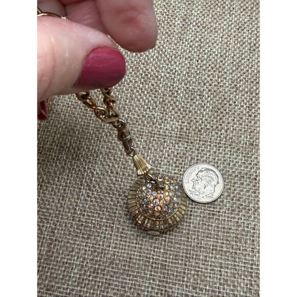 Vintage Geneva Rhinestone Ball Pendant Watch Necklace Gold Tone AB Crystal Dome - Picture 11 of 12